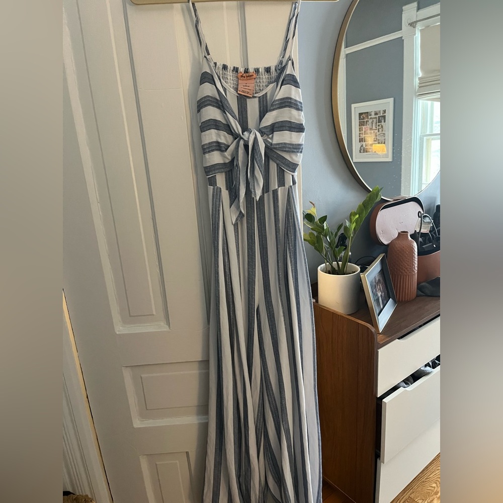 blue striped jumpsuit with cutout back